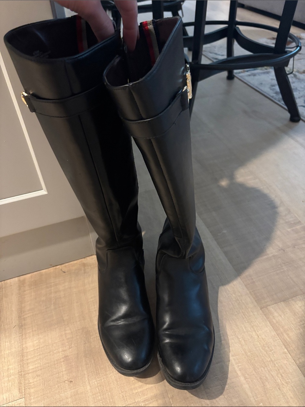 Tommy Hilfiger Black Over-the-Knee Leather Riding Boots with Gold Buckle
